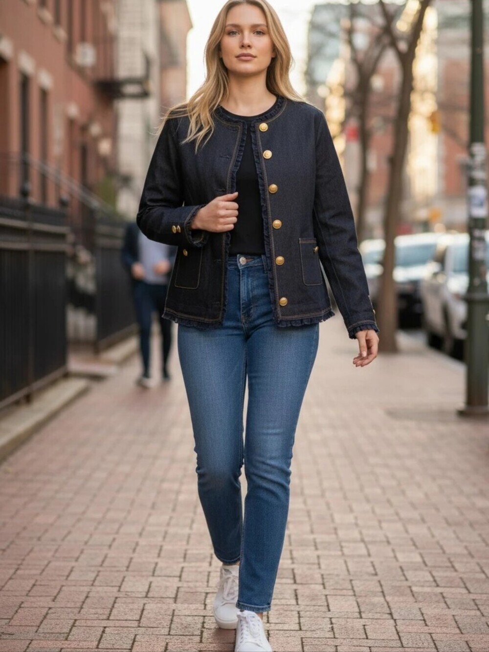 Joan Rivers Denim Casual Jacket Brass Button Trim 2 Pockets Size 12